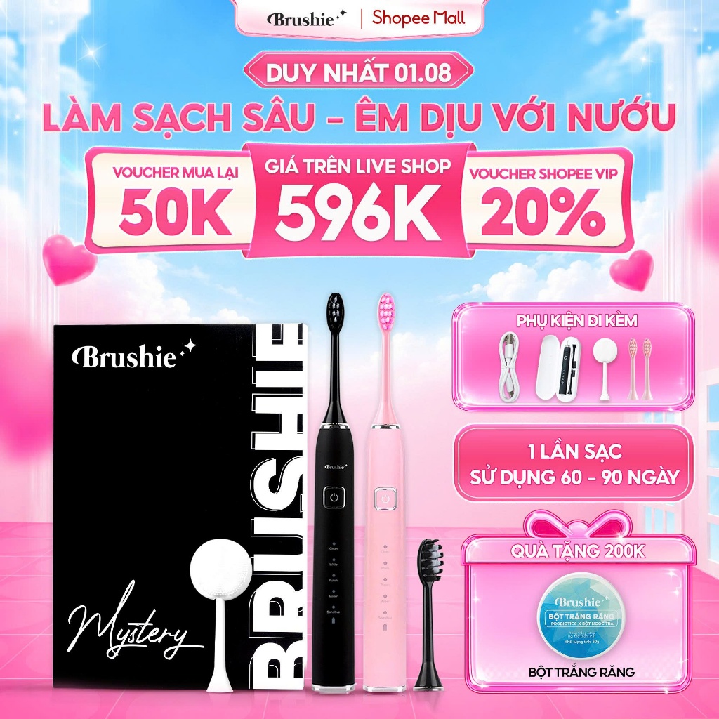 [GIÁ 490K TẠI LIVE SHOP] Bàn chải điện Brushie Ultra Plus công nghệ sóng âm, làm sạch sâu, lông chải