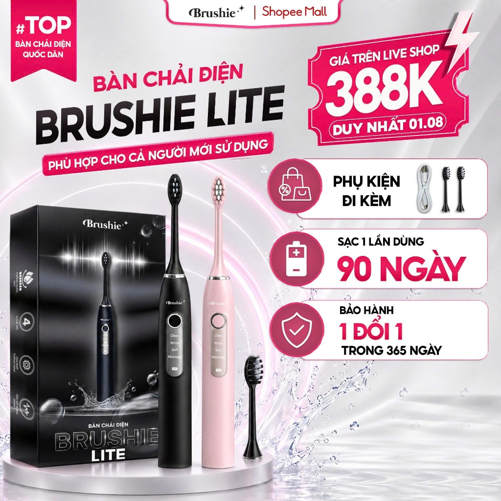 [GIÁ 514K TẠI LIVE SHOP] Bàn Chải Điện Brushie Lite chính hãng 2026, 4 chế độ làm sạch phù hợp cho n