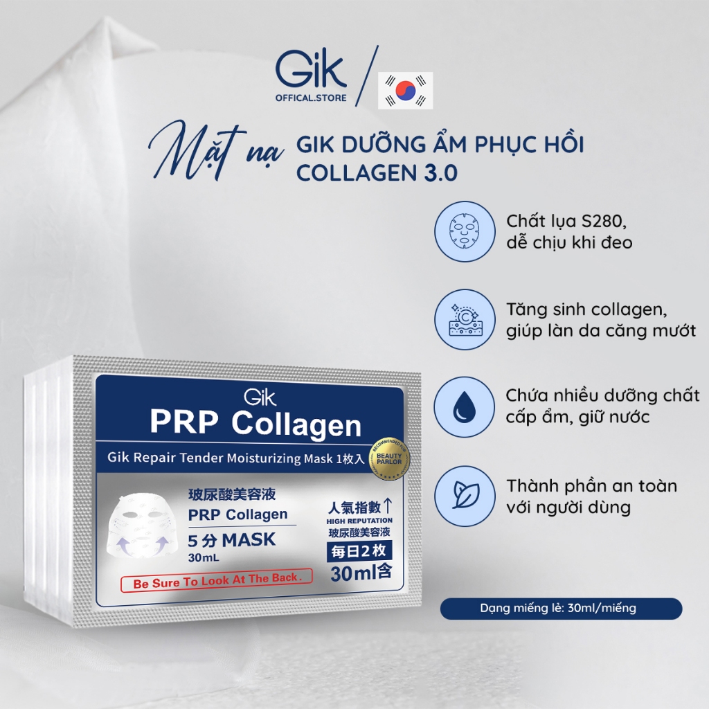 GIK 1 * Miếng Mặt nạ PRP Collagen 30ml Hàn Quốc GIK Giúp Cấp Ẩm,Phục Hồi Làn Da
