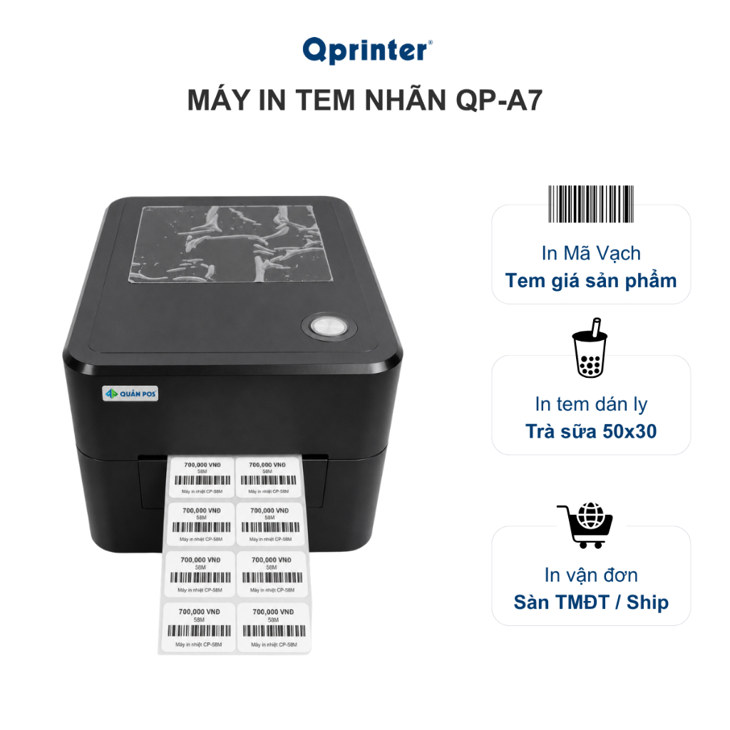 MÁY IN TEM NHÃN QUẢN POS QP-A7L, QP-A7W  KẾT NỐI USB + LAN IN MÃ VẠCH, TEM TRÀ SỮA, VẬN ĐƠN GIẤY A7