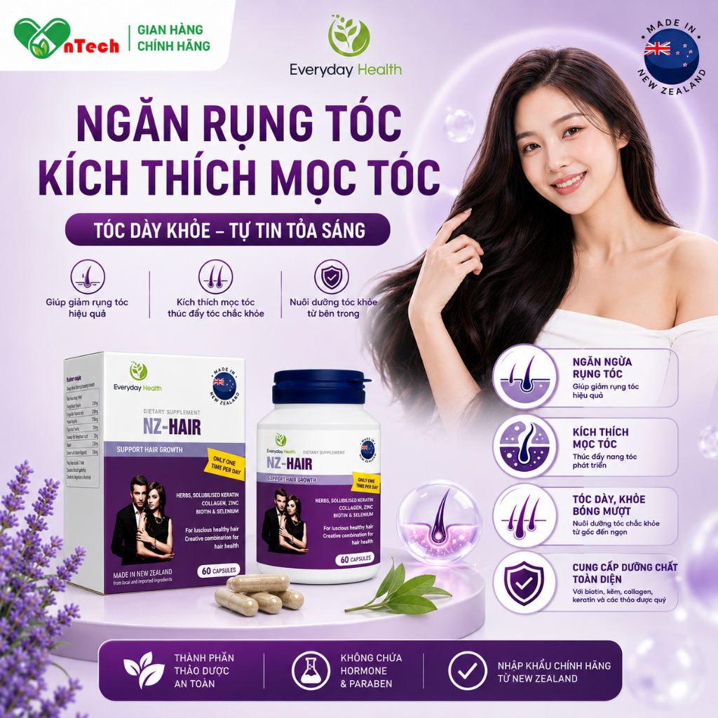 Viên uống ngăn rụng tóc và kích thích mọc tóc Everyday Health NZ-Hair chăm sóc tóc yếu dễ gãy rụng h