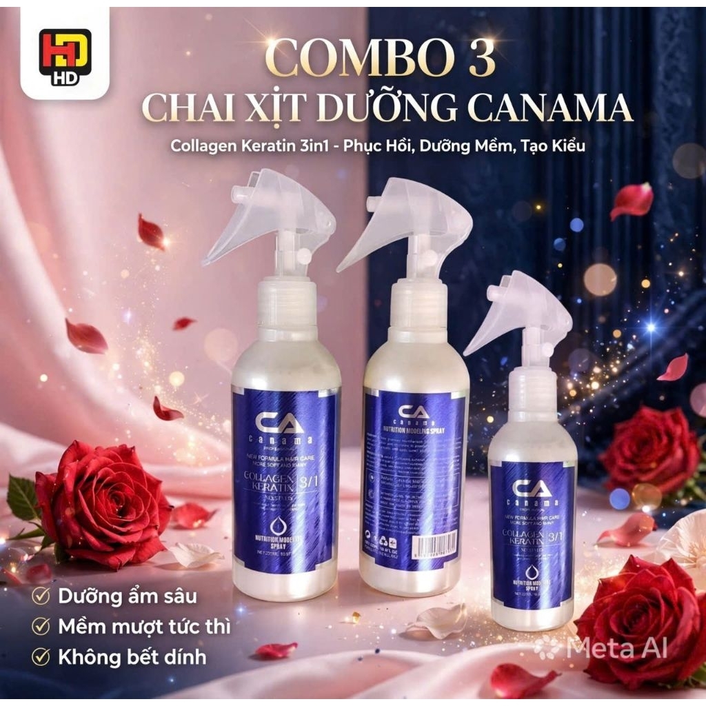combo 3 chai sữa dưỡng tóc phục hồi collagen karatin canama 220ml