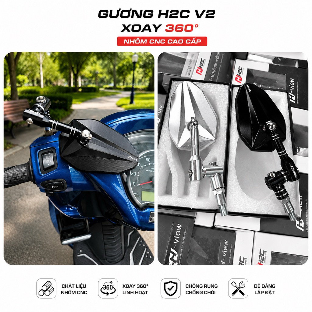 Kính H2C V2 xoay 360 độ chất liệu nhôm CNC hàng xịn.