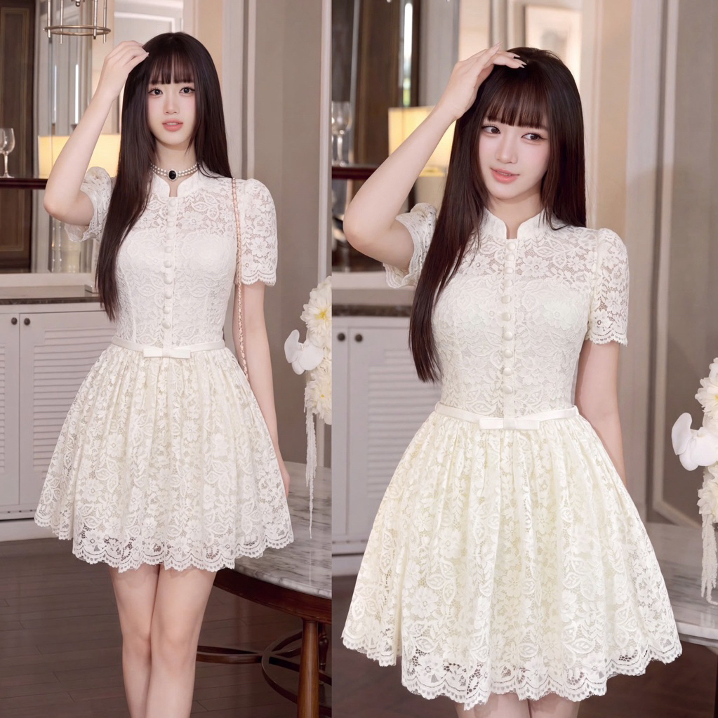 HD Store- Váy ren cổ tàu cúc bọc xoè, đầm ren đi tiệc