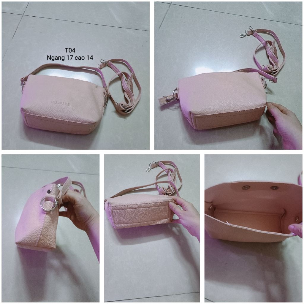 T04 #Túi Đeo Chéo Nữ Da Hạt IS SQUARE Màu Hồng Pastel T04 (Size 17x14cm)