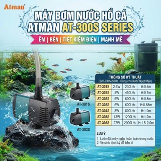 Máy bơm nước bể cá atman 301s, 302s, 303s, 304s, 305s, 306s êm, bền, tiết kiệm điện, mạnh mẽ