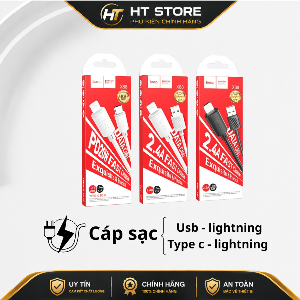 Dây sạc hoco X88 cho iPhone cáp sạc Lightning, USB to Lightning, Type-C to Lightning 1m sạc nhanh tr