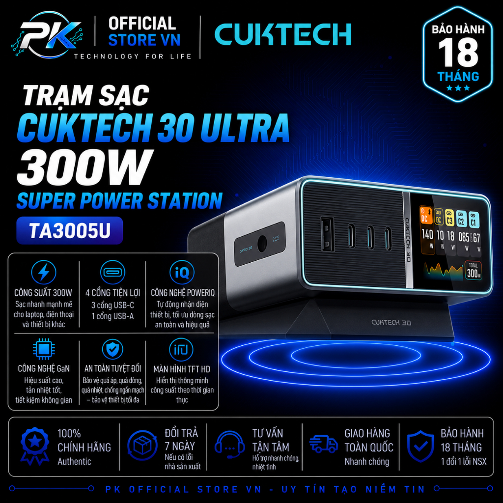 Trạm Sạc Cuktech 30 Ultra 300W Super Power Station TA3005U - BH 18 Tháng