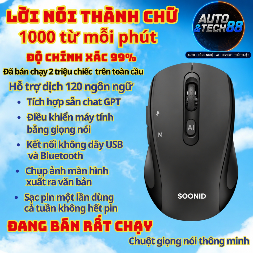 Chuột SOONID AI PLUS Bluetooh Sạc Pin,Chat GPT,Chuyển Giọng Nói Thành Văn Bản,Phiên Dịch Đa ngôn ngữ