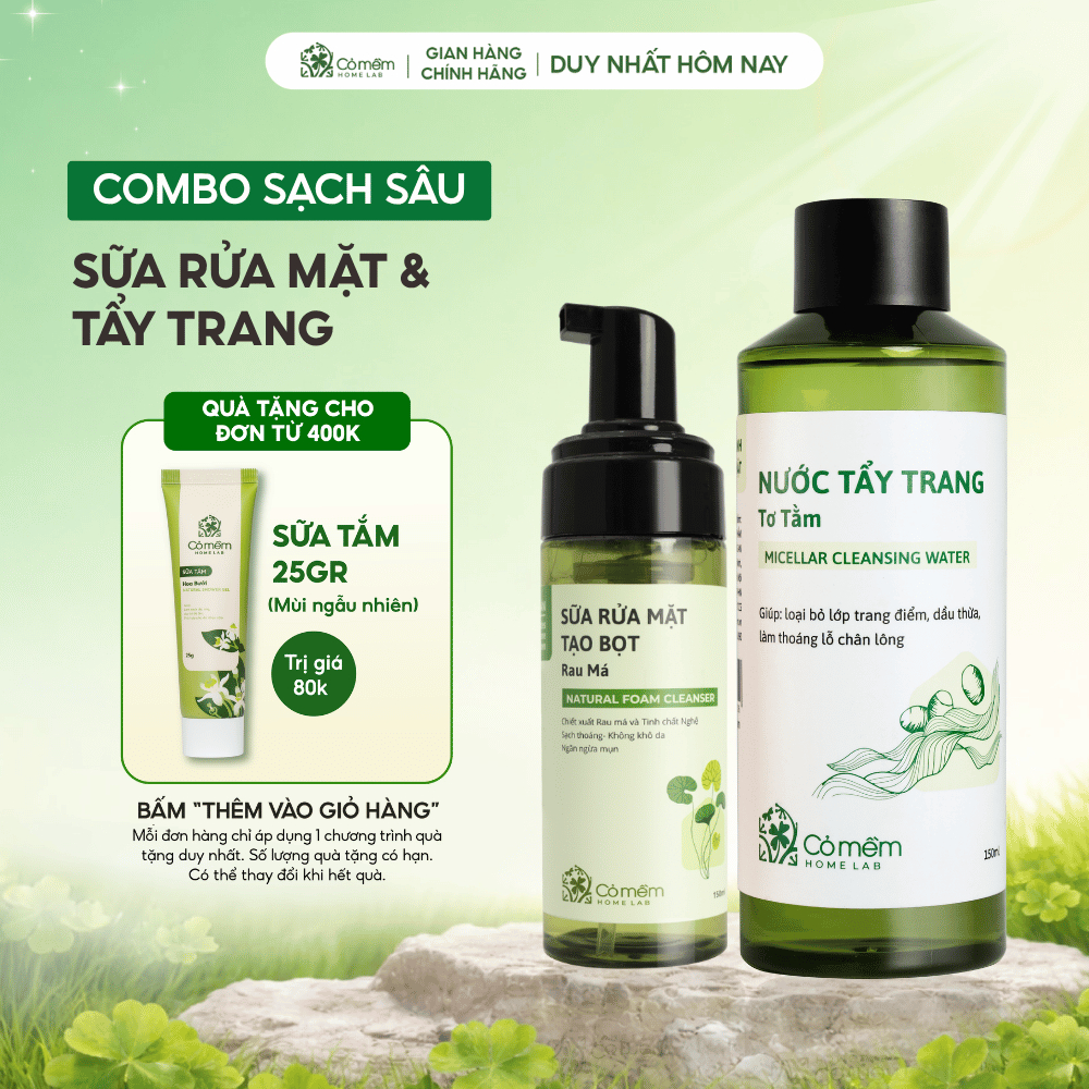 Bộ Chăm Sóc Da 2 Bước Nước Tẩy Trang Và Bọt Rửa Mặt Mọi Loại Da Cỏ Mềm 300gr