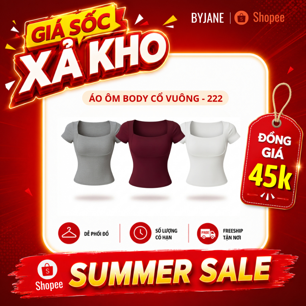Áo Thun Nữ ôm cổ vuông viền ngực BYJANE-222