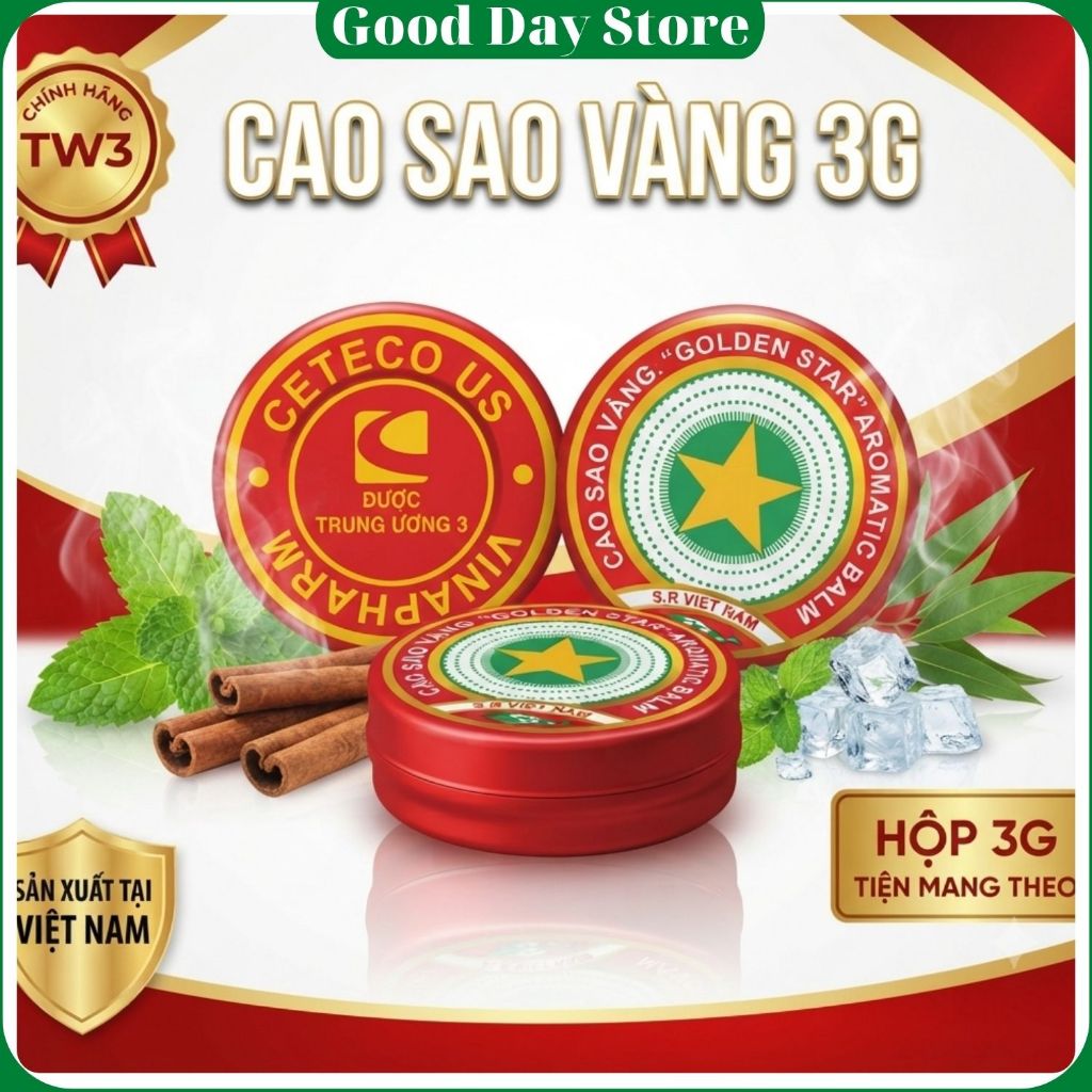 Cao Sao Vàng ( Dầu Cù Là) Dược TW3 3gr,Cao Xoa Ngoài Da ,Dạng Hộp Nhỏ Gọn,Dễ Sử Dụng