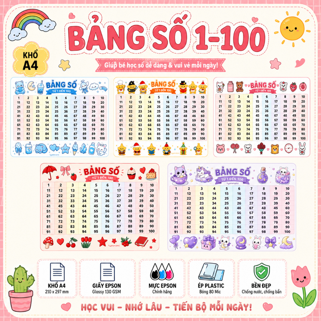 Báng số đếm từ 1 đến 100 - khổ A4 - ép plastic - nhiều mẫu xinh