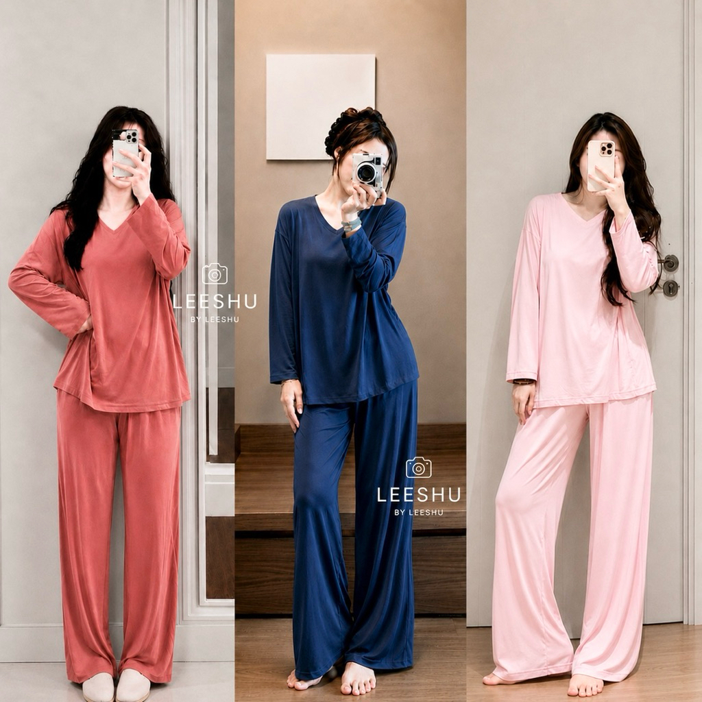 Bộ thun lạnh tay dài CỔ TIM có Bigsize,Bộ ủ kem áo tay dài quần ống suông rộng Leeshu vải thun lạnh