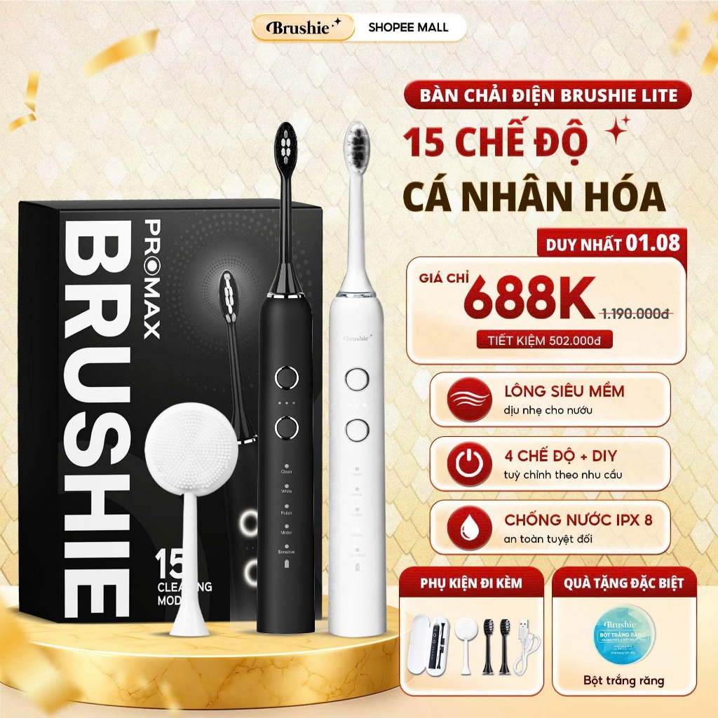 [GIÁ 759K LIVE ACCESSTRADEVN02] Bàn chải điện Brushie Promax 15 chế độ làm sạch sâu cho răng nhạy cả