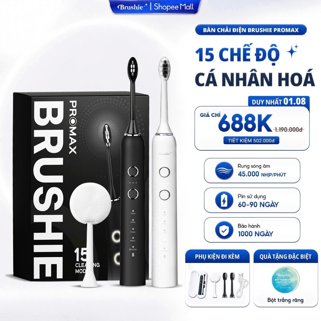 [SĂN 688K LIVE SHOP] Bàn Chải Điện BRUSHIE Promax 15 Chế Độ Làm Sạch Chuyên Nghiệp Phù Hợp Răng Nhạy