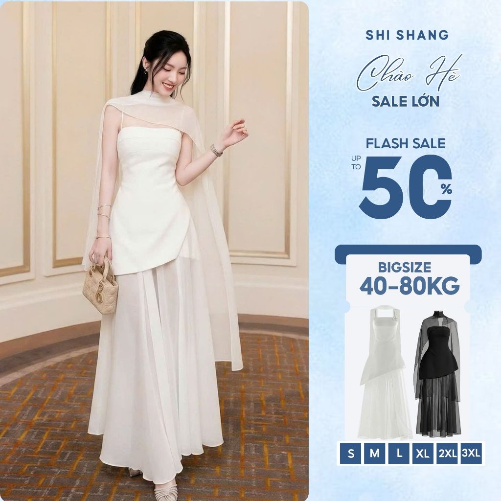 Đầm hai dây kèm choàng voan dáng dài, đầm đi tiệc Bigsize sang chảnh Shi shang