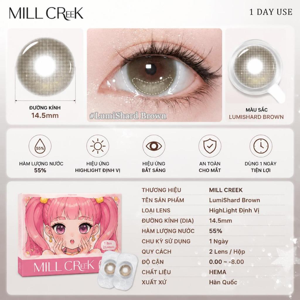 【LumiShard Brown】 Mill Creek Kính Áp Tròng Màu Nâu Highlight 14.5 Lens Hàn Quốc Tự Nhiên Dùng 1 Ngày