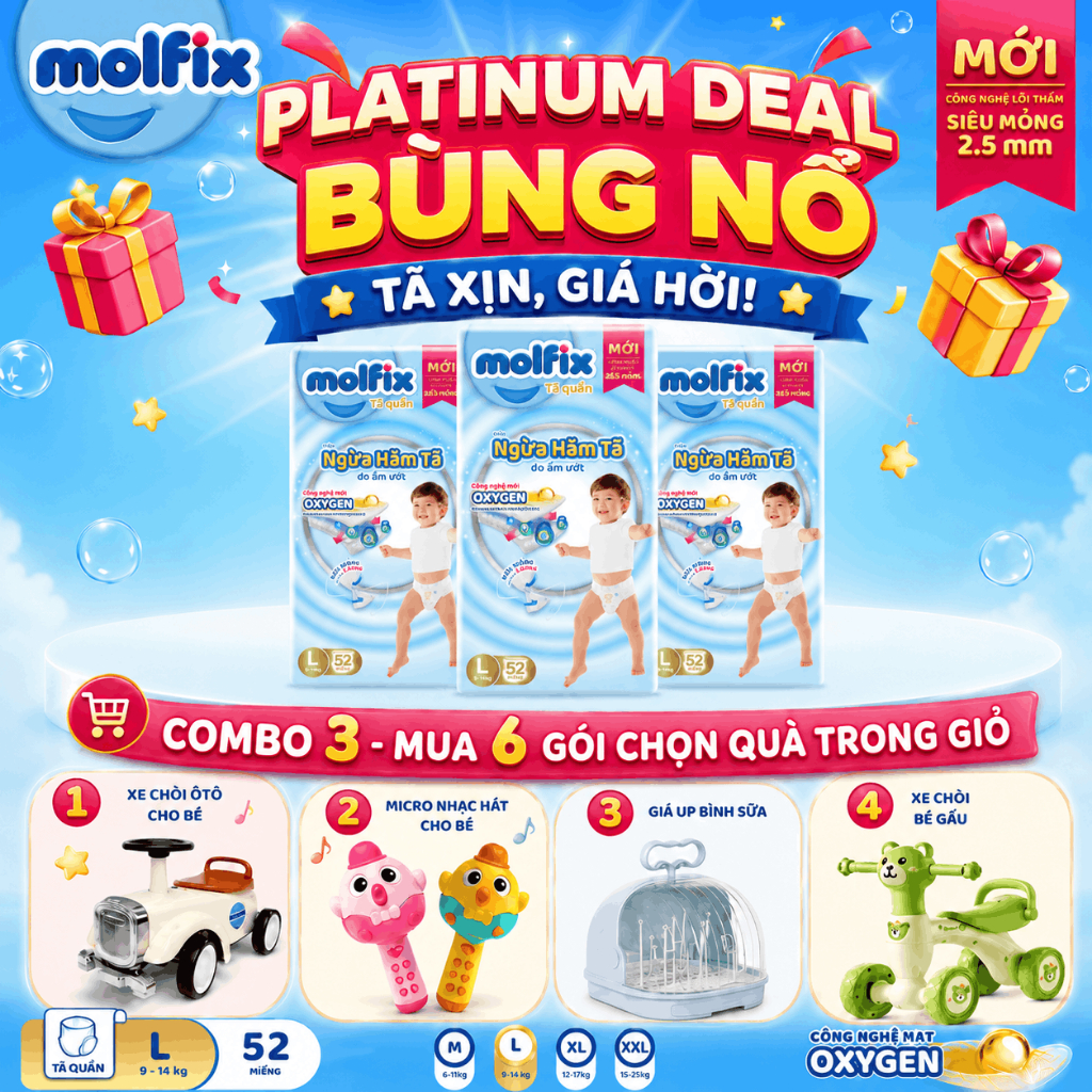 [Mua 6 gói_Chọn QUÀ trong giỏ hàng] Combo 3 Tã/bỉm quần Molfix Oxy Super Jumbo giúp Ngừa Hăm Tã đủ c