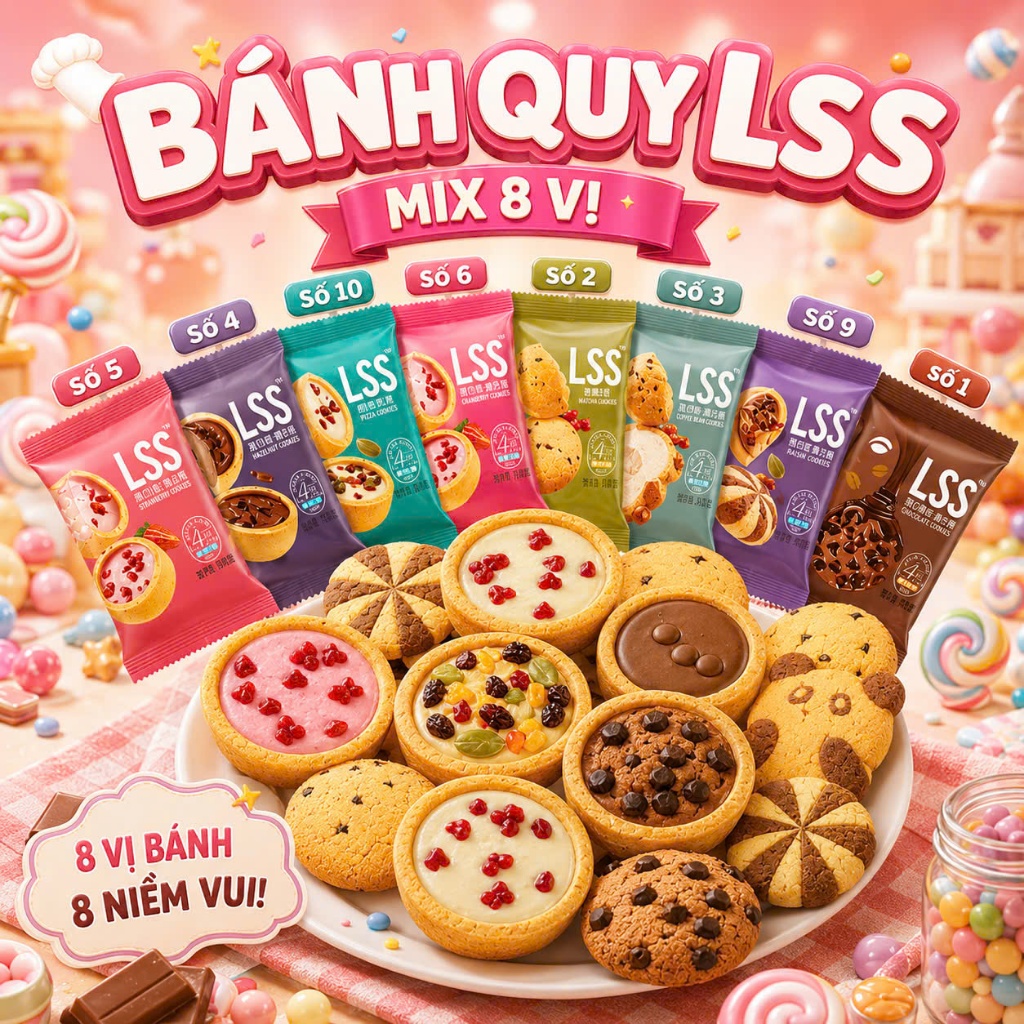 8 Vị Bánh LSS Date Mới, Bánh Quy Socola LSS, Bánh quy bơ phủ socola thơm ngon, bánh cookies socola