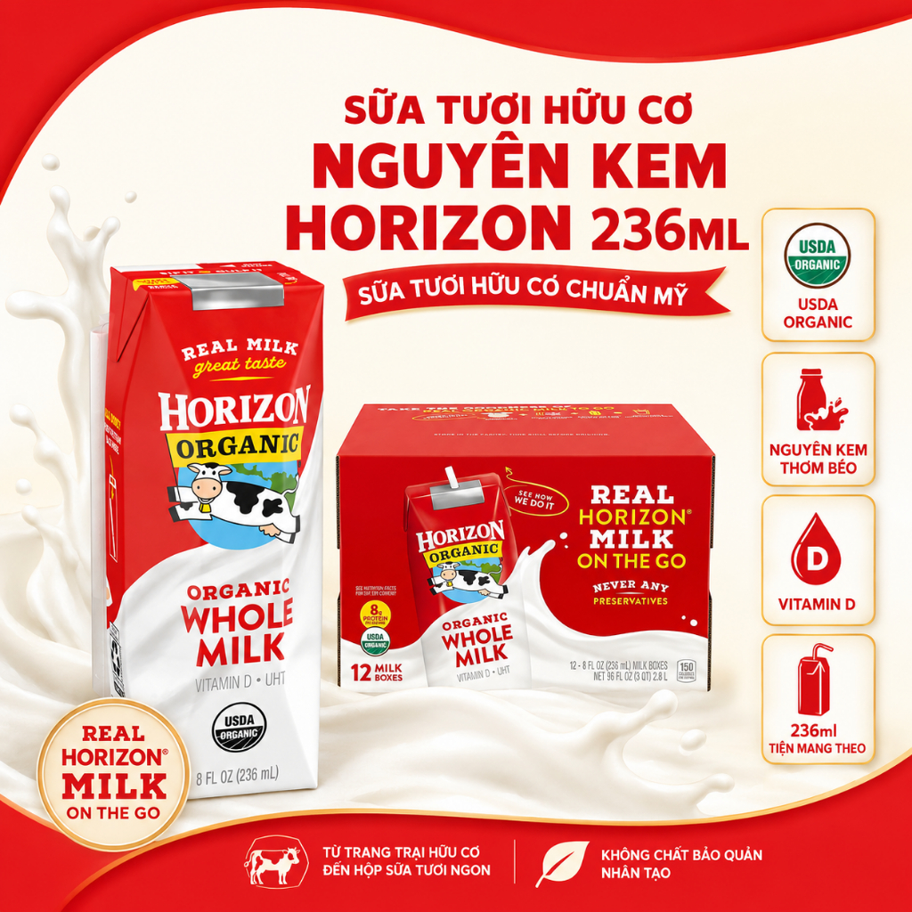 Sữa tươi hữu cơ nguyên kem Horizon Organic Whole Milk 236ml