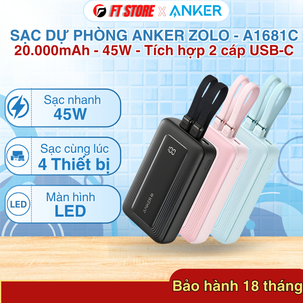 [GIAO HỎA TỐC]  Pin Sạc Dự Phòng Anker Zolo A1681C 20000mAh Sạc Nhanh 45W Tích Hợp 2 Cáp USB-C
