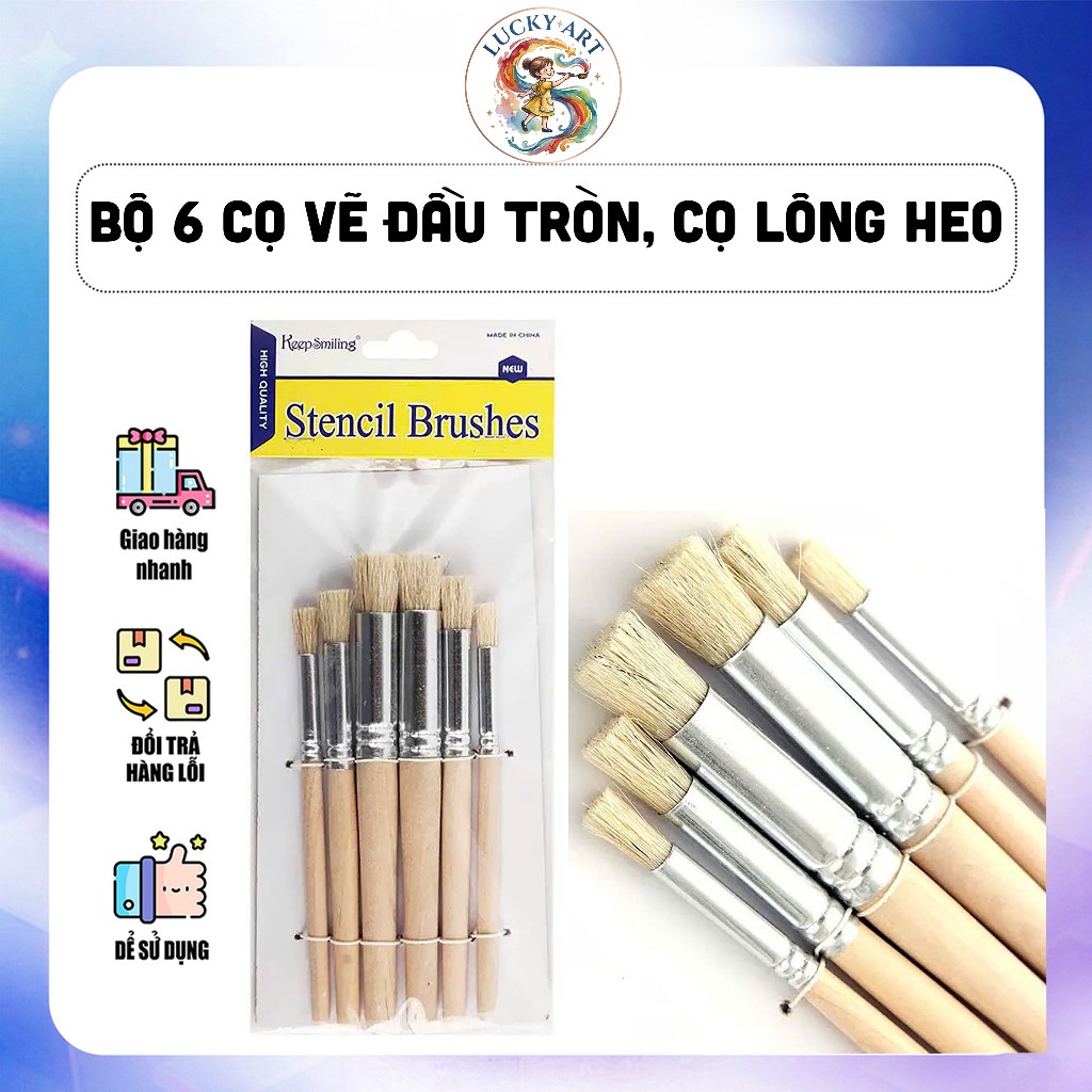 Bộ 6 Cọ Vẽ Đầu Tròn, Cọ Lông Heo KEEPSMILING - Mã 8002B - Lucky Art
