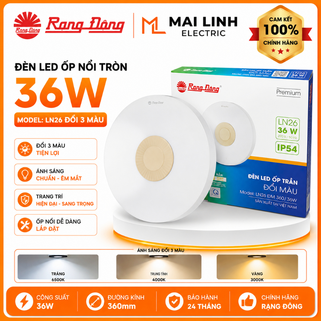 [Chính Hãng] Đèn Led ốp nổi Tròn 36W (Trang Trí) Rạng Đông -Đường kính 360mm -Ánh sáng đổi 3 màu -Hà