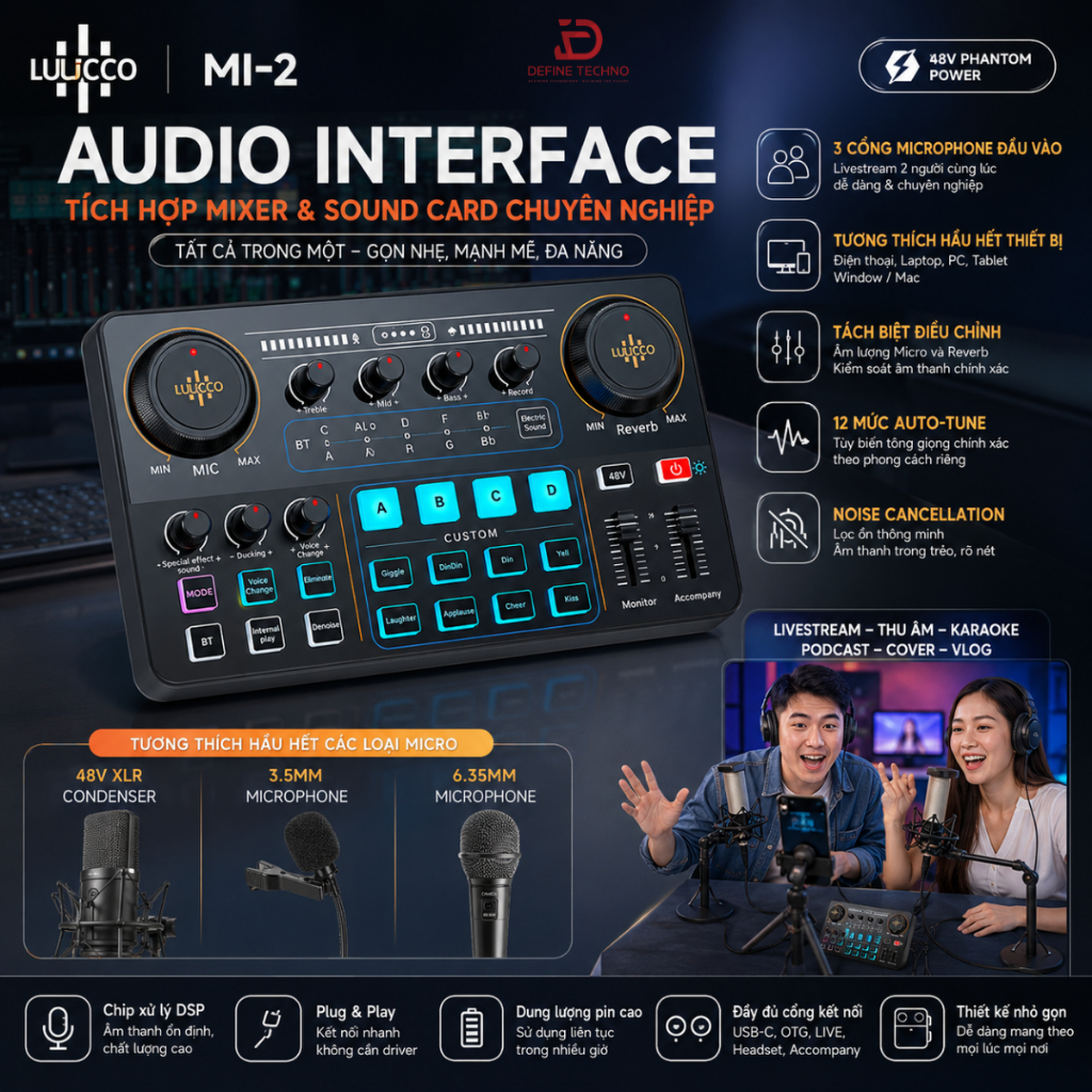 Audio Interface tích hợp Mixer & Sound Card chuyên nghiệp Luucco MI-2