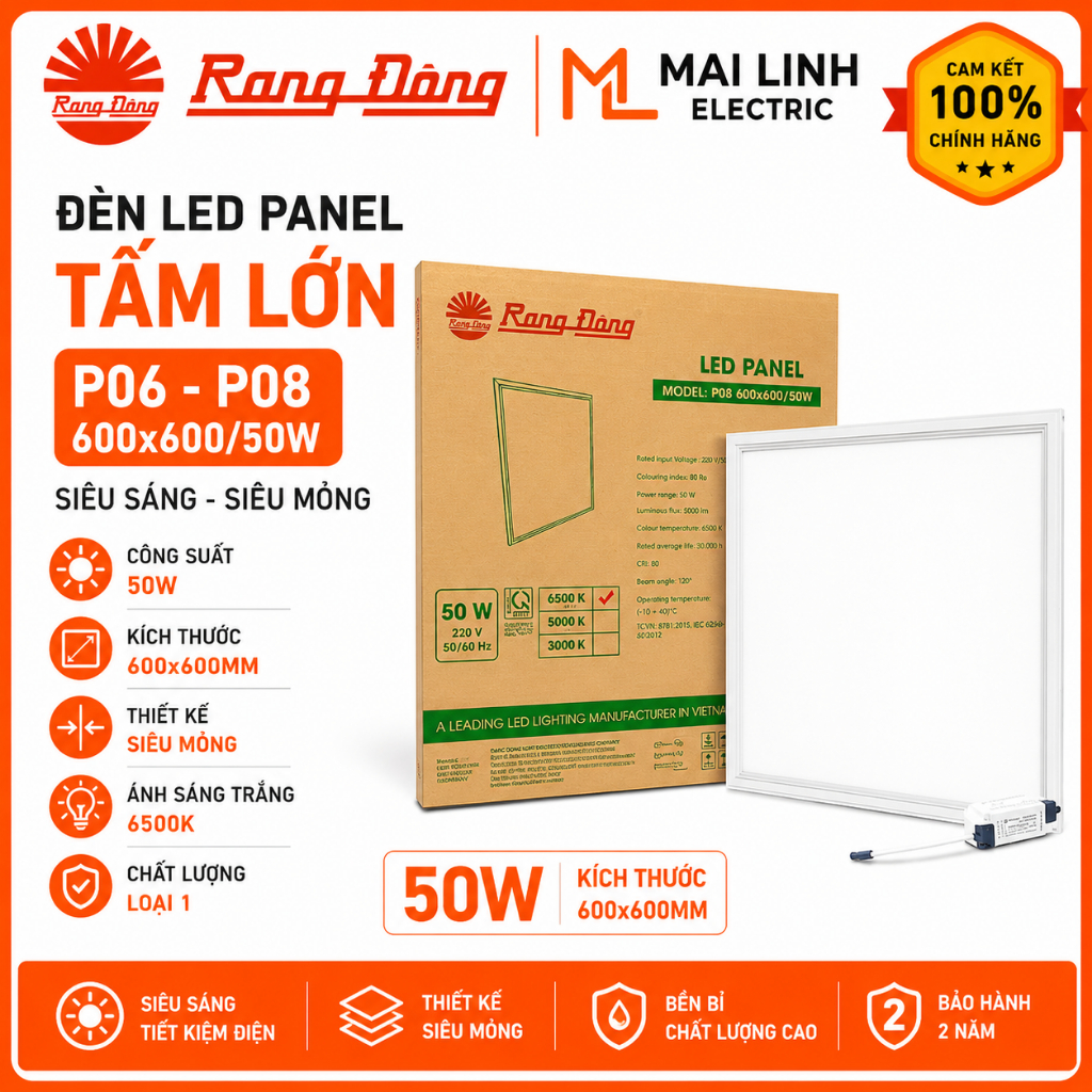 [Chính Hãng] Đèn Led panel tấm lớn P06-P08 600x600/50W Rạng Đông - Siêu sáng, siêu mỏng -Hàng loại 1