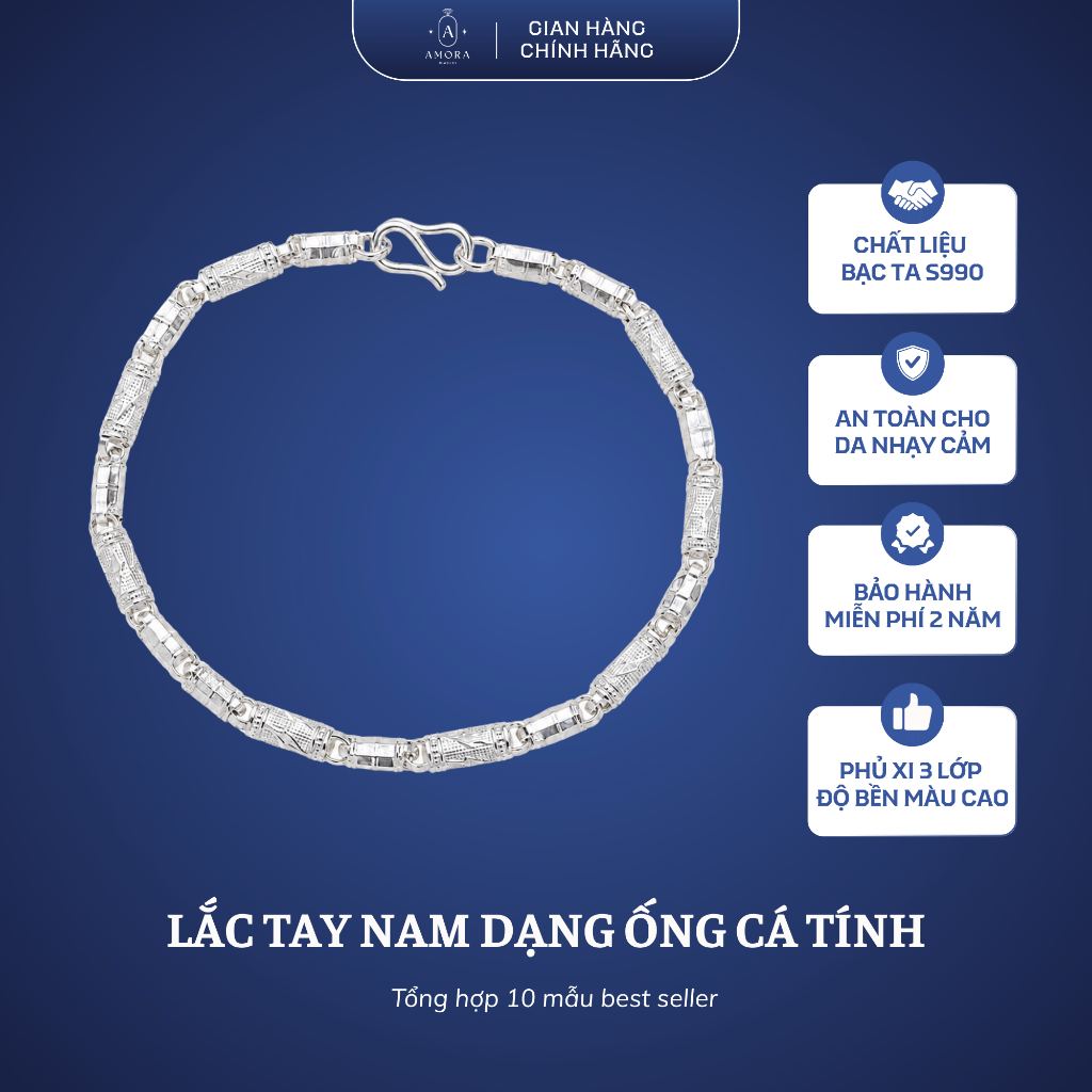 [TẶNG CHARM TÊN] Lắc tay bạc nam S990 AMORA lắc tay ống thiết kế cá tính AMORA JEWELRY LTN034