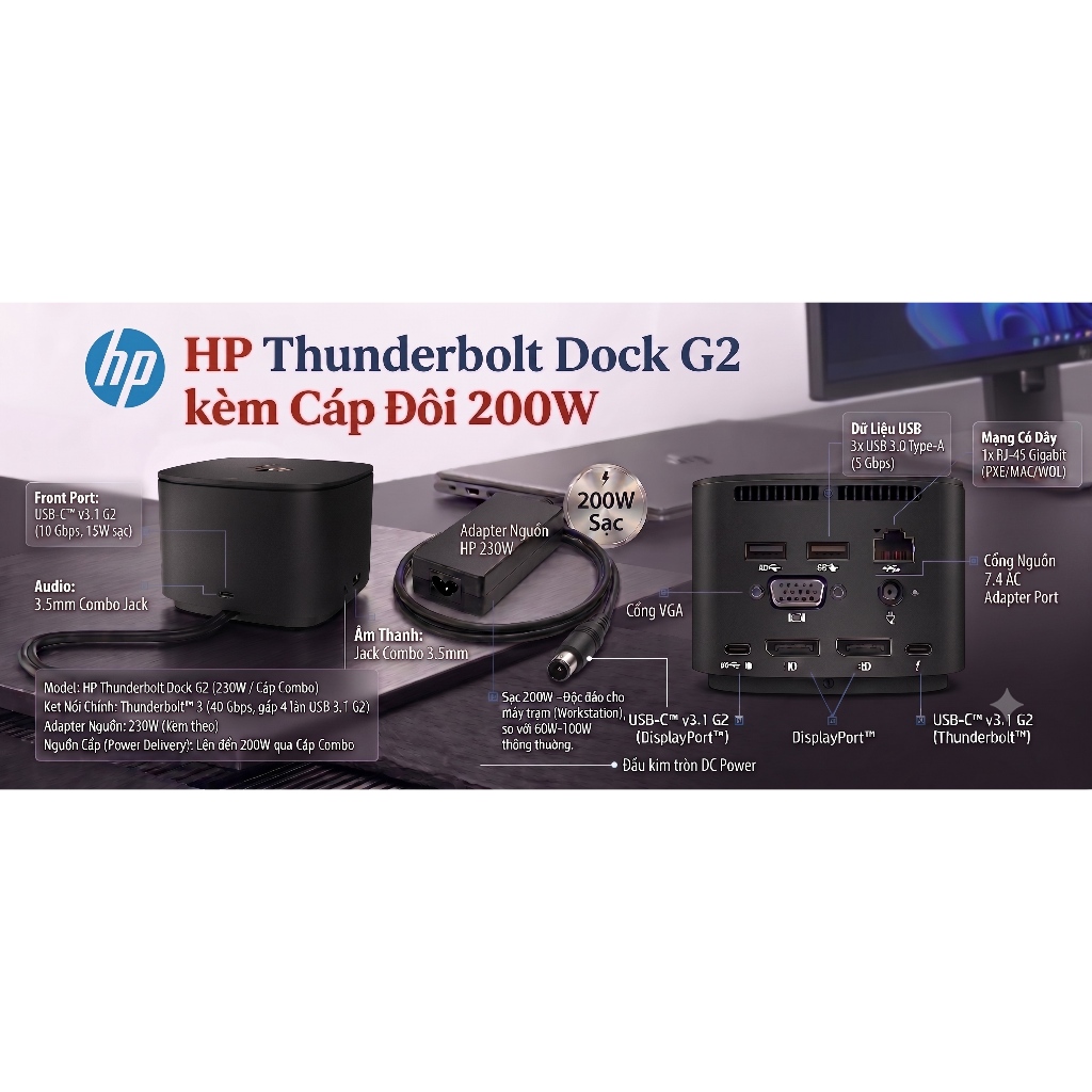 [Chính hãng] Docking Station HP Thunderbolt Dock G2 (Bản 230W) - Sạc Laptop 200W, Xuất 2 Màn 4K, BH 