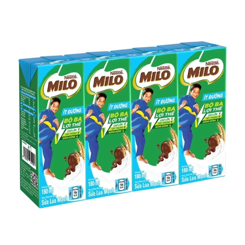 Thùng 48 Hộp Sữa Lúa Mạch Nestle MILO Ít Đường 180ml (48 Hộp x 180ml)