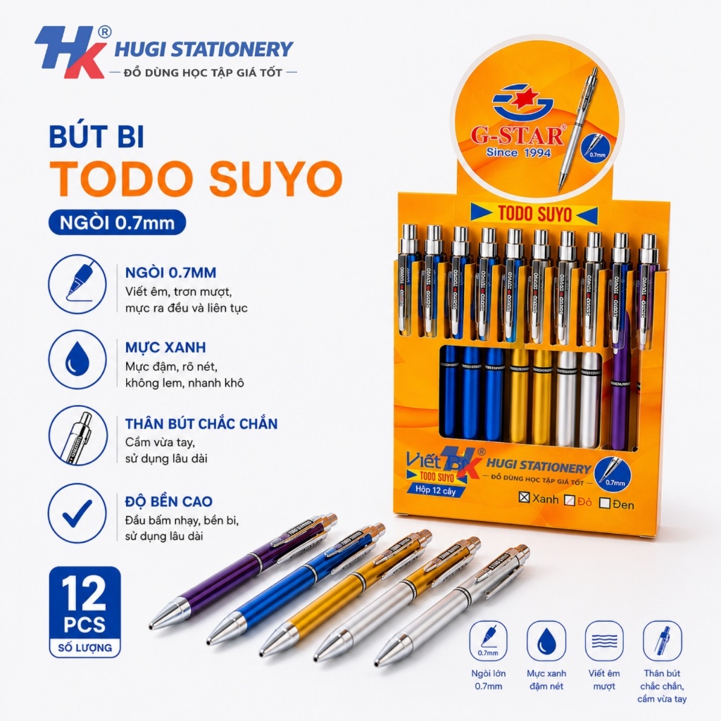 Hộp 12 Bút Bi Bấm G-Star TODO SUYO 0.7mm – Mực Xanh, Viết Êm, Mực Đậm Đều