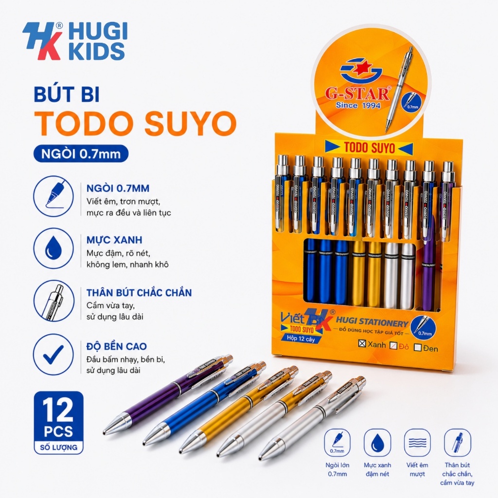 Hộp 12 Bút Bi Bấm Gstar Todo Suyo Ngòi 0.7mm – Mực Xanh, Viết Êm, Mực Đậm Đều