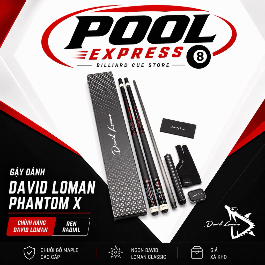 Gậy bi-a, Cơ bida David Loman Phantom X (NEW 2026) [Chính hãng] kèm lựa chọn ngọn Classic/Skyline/Ul