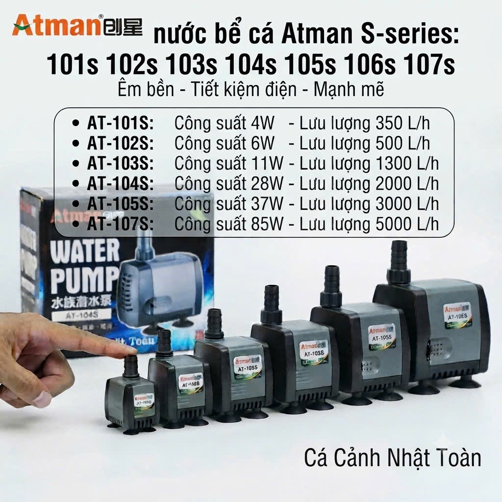 Máy bơm nước bể cá Atman 101s, 102s, 103s, 104s, 105s êm, bền, tiết kiệm điện, mạnh mẽ