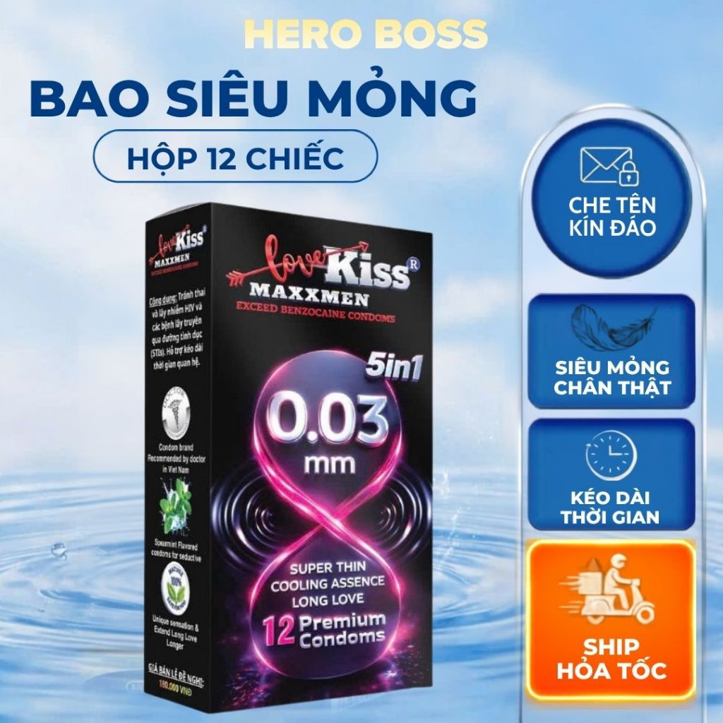 Bao cao su 49mm Love Kiss Maxxmen 0.03 5in1 siêu mỏng size nhỏ kéo dài cuộc yêu