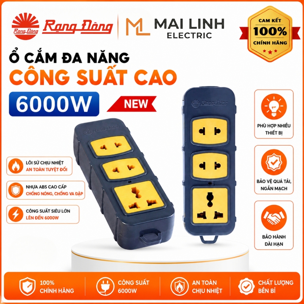 [Chính Hãng] Ổ cắm điện đa năng công suất cao 6000W (Không Dây) Rạng Đông - Siêu chịu tải -Lõi sứ ch