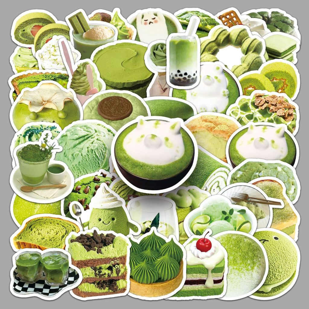 set 50 sticker Chống Nước matcha latte bánh ngọt đồ ăn xanh lá green dán laptop xe mũ bảo hiểm ST65