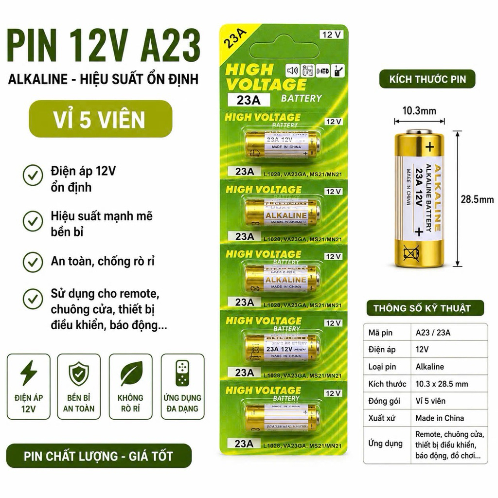 Pin Alkaline A23 / A27 12V – Điện Áp Ổn Định – Dùng Cho Remote, Chuông Cửa, Báo Động
