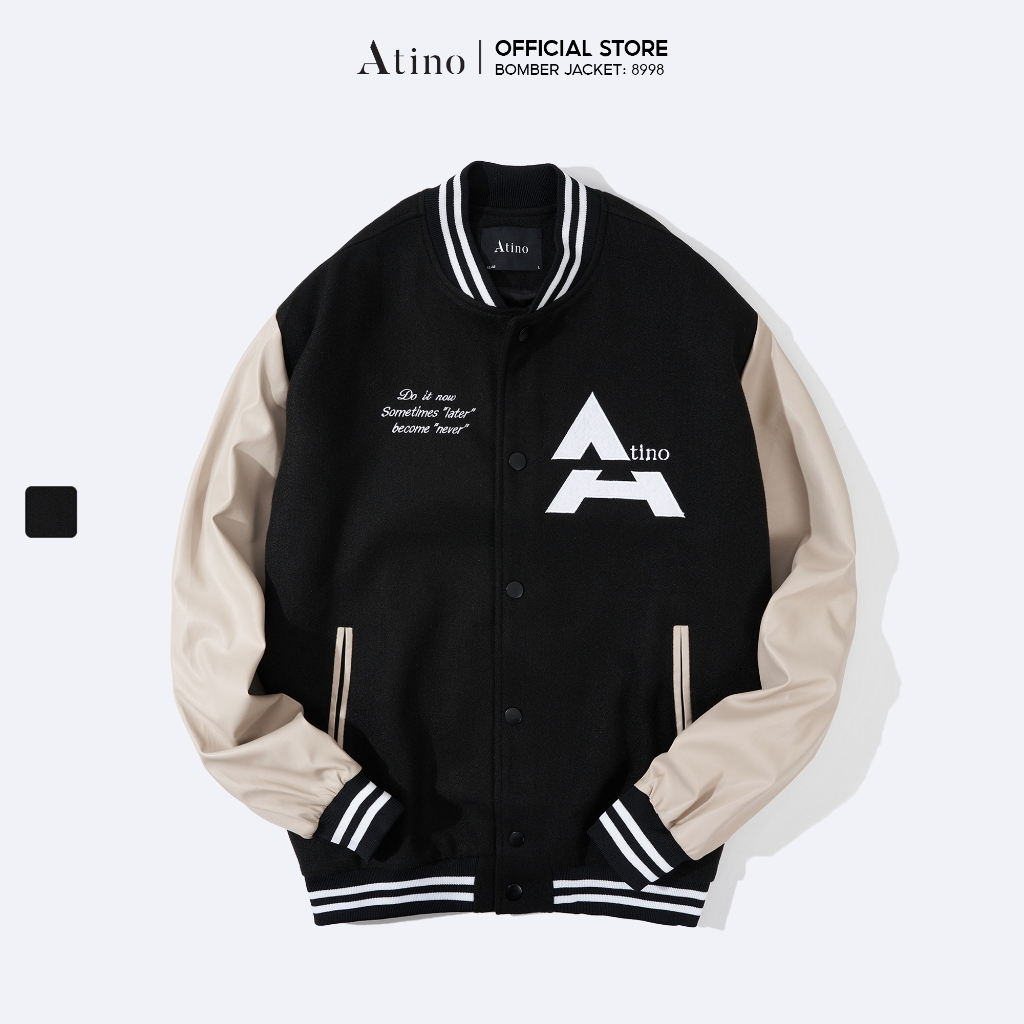 ATINO - Áo Khoác Varsity Nam Vải Dạ Cao Cấp Tay Da Nâu Cổ Tròn Có Túi Trong, Bo Tay Kiểu Dáng Basic