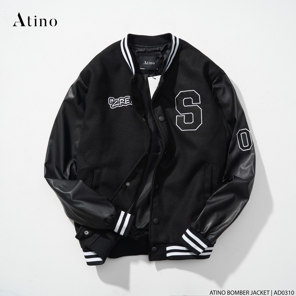 ATINO - Áo Khoác Varsity Nam Vải Dạ Lót Gió Tay Da Đen Cổ Tròn Có Túi Trong, Bo Tay Kiểu Dáng Basic