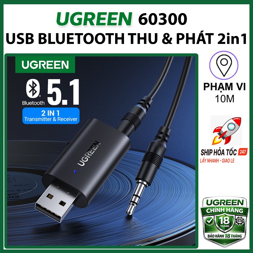 USB Thu Phát Bluetooth 2 trong 1 UGREEN 60300 Cao Cấp, USB Bluetoth 5.1 Transmitter + Receiver