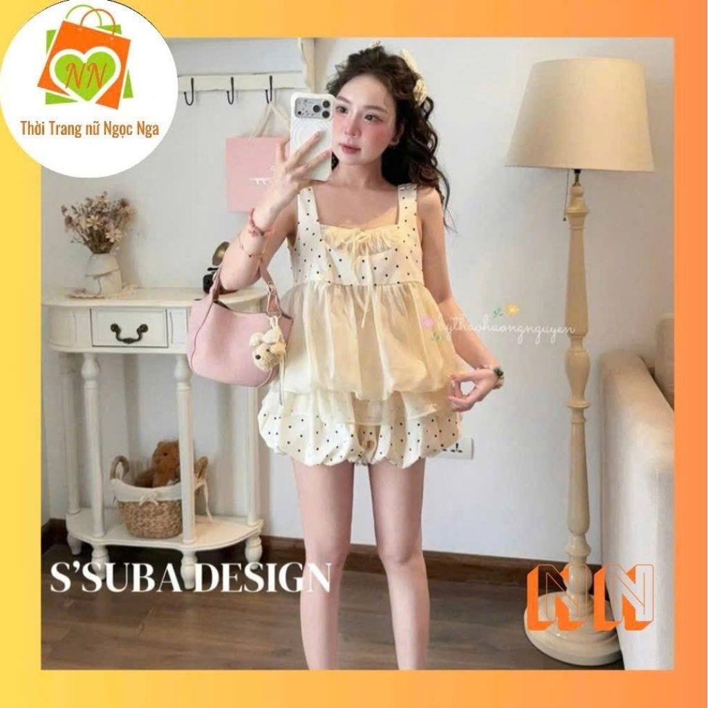 Set babydoll nữ, Set áo tiểu thư phối voan tơ mix quần bí phồng siêu đẹp.