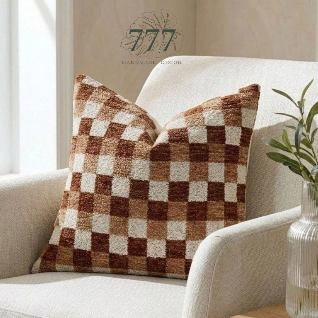 Vỏ Gối Trang Trí Sofa Màu Nâu Dệt Caro 45x45-Vỏ Gối Tựa Lưng-777111