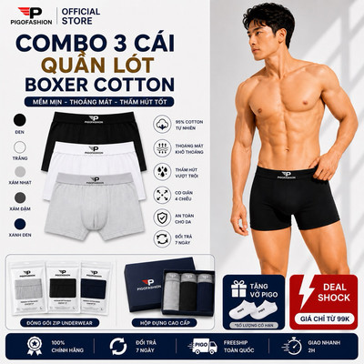 Combo 3 quần lót nam Boxer chất vải cotton mềm mại, kháng khuẩn, thấm hút tốt Pigofashion QLBXN01