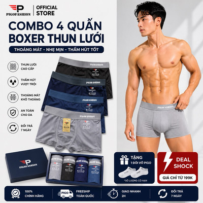 [Mã KM BMLT35 ] Bộ 4 quần boxer nam lưới thông hơi thun mềm mịn thoáng mát SPMQLBX04 - PigoFashion