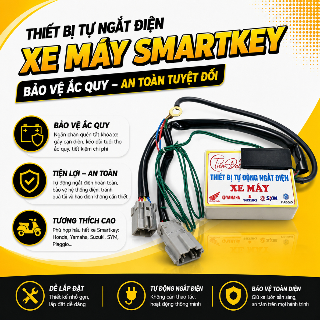 Thiết bị tự ngắt điện xe máy Smartkey Honda Yamaha Suzuki Sym giúp chống hết bình ắc quy