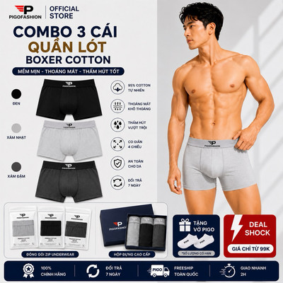 [Combo 1-3-5] Quần lót nam Boxer chất vải cotton mềm mại, kháng khuẩn, thấm hút tốt Pigofashion QLBXN01 nhiều màu